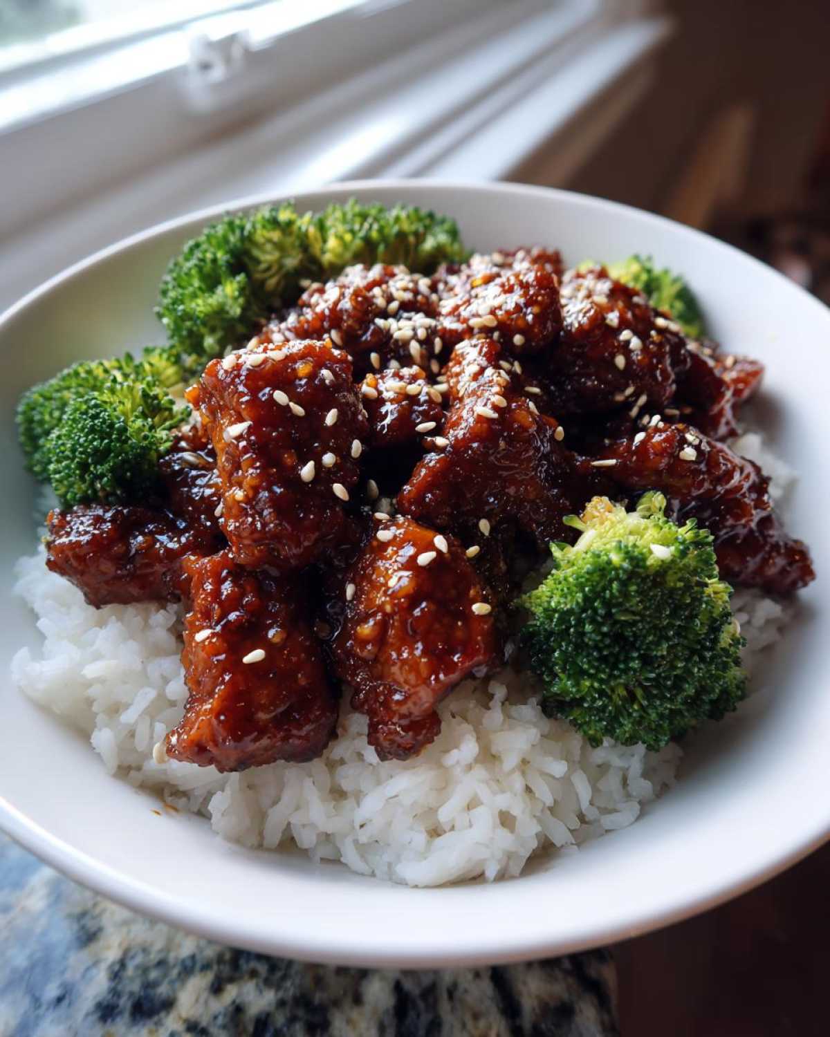 Close-up of a Honey Soy Chicken Bowl Quick Dinner Idea featuring glazed chicken pieces over white rice and steamed broccoli, topped with sesame seeds.