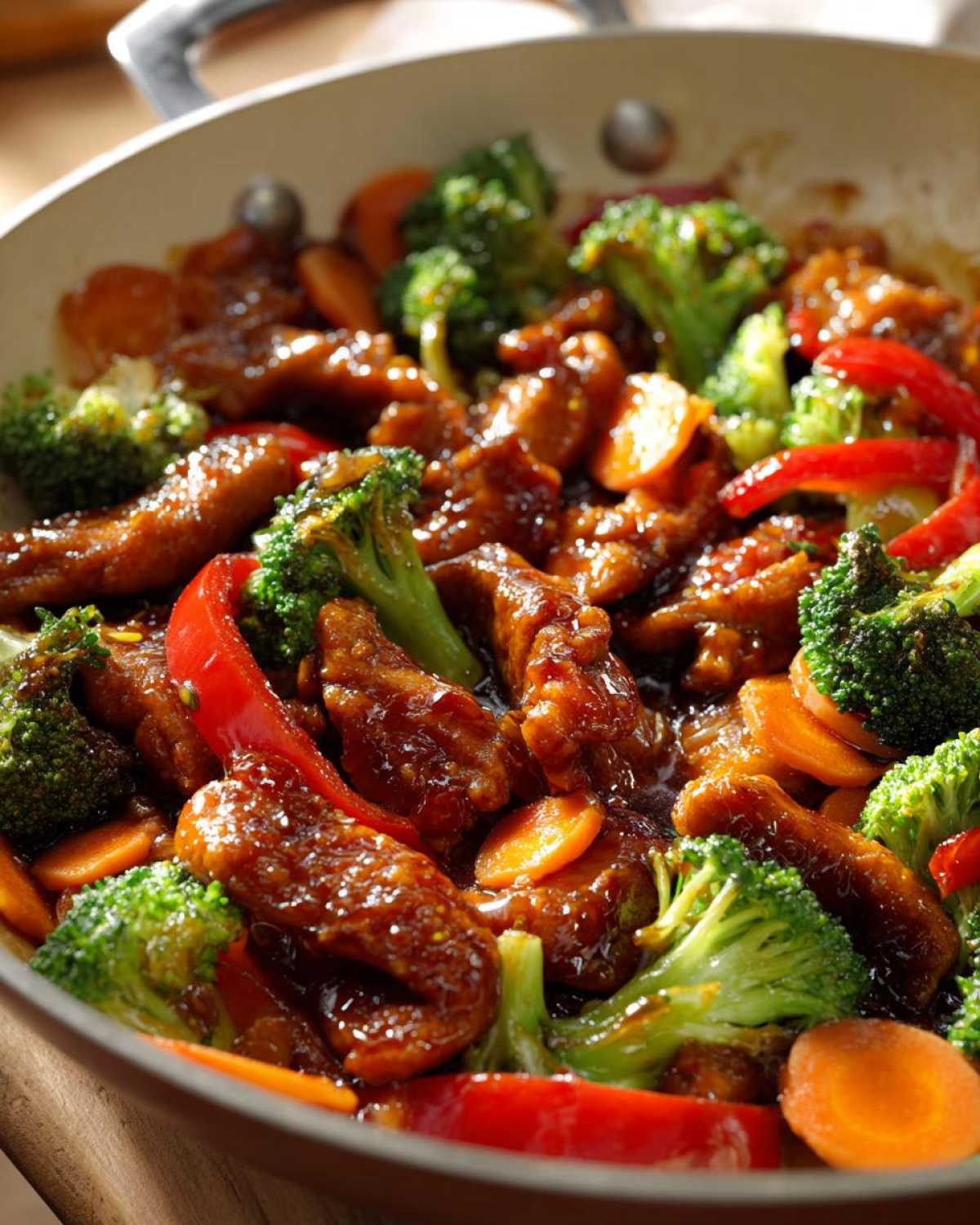 Close-up of Honey Soy Chicken Skillet with veggies, featuring glazed chicken pieces, bright green broccoli, and sliced carrots.
