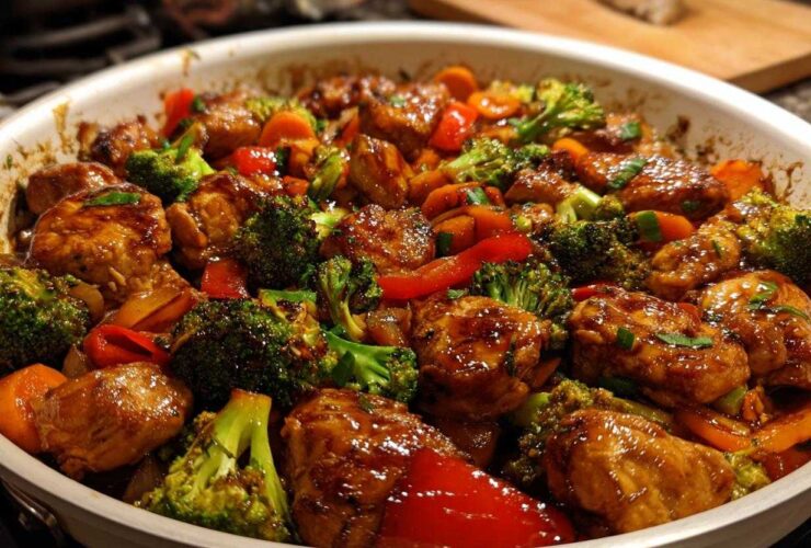 Close-up of Honey Soy Chicken Skillet with glossy chicken pieces, bright green broccoli, and red peppers.