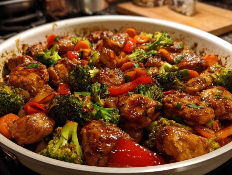 Close-up of Honey Soy Chicken Skillet with glossy chicken pieces, bright green broccoli, and red peppers.