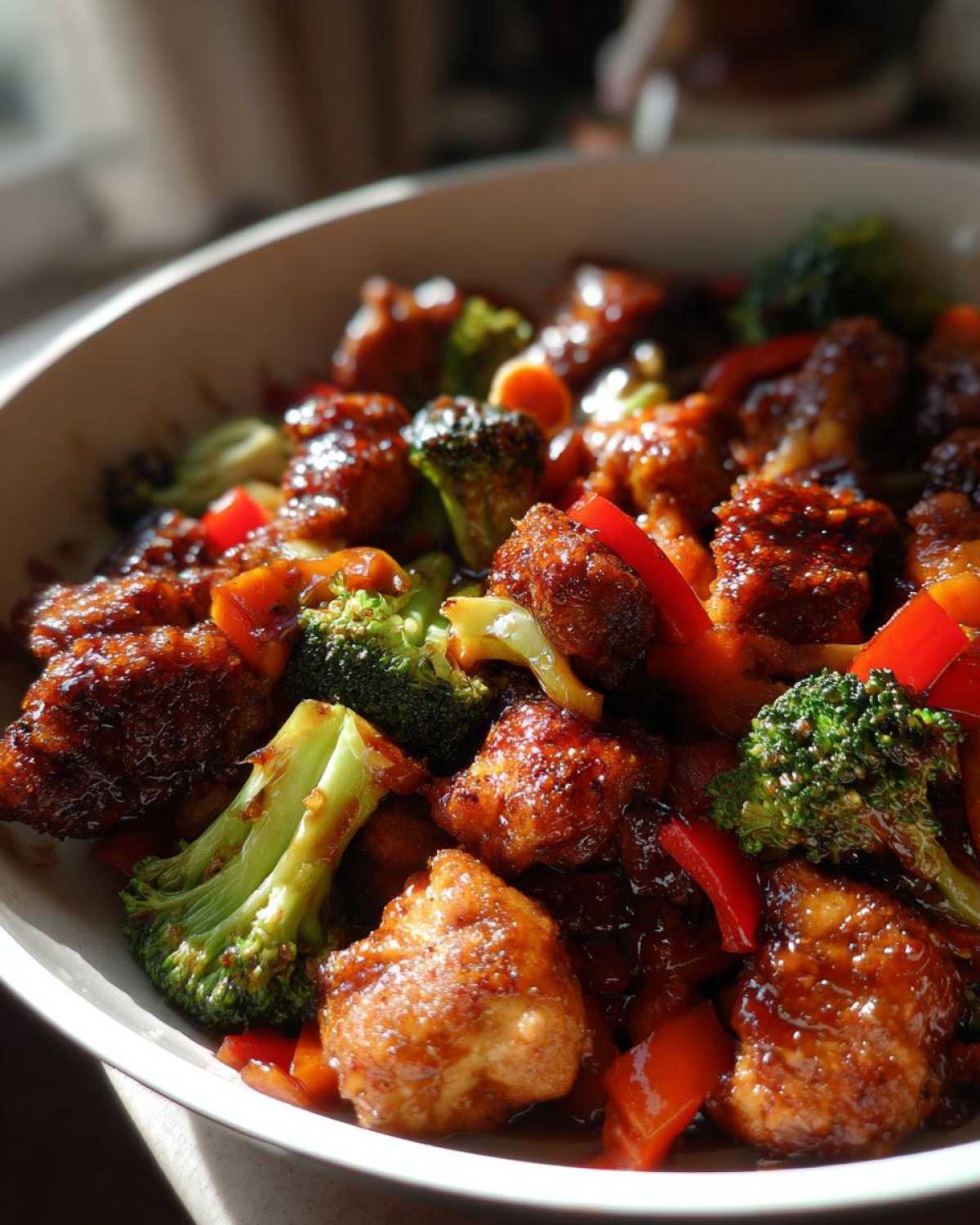 Close-up of crispy chicken pieces coated in glossy sauce mixed with bright broccoli and red peppers in a Honey Soy Chicken Skillet.