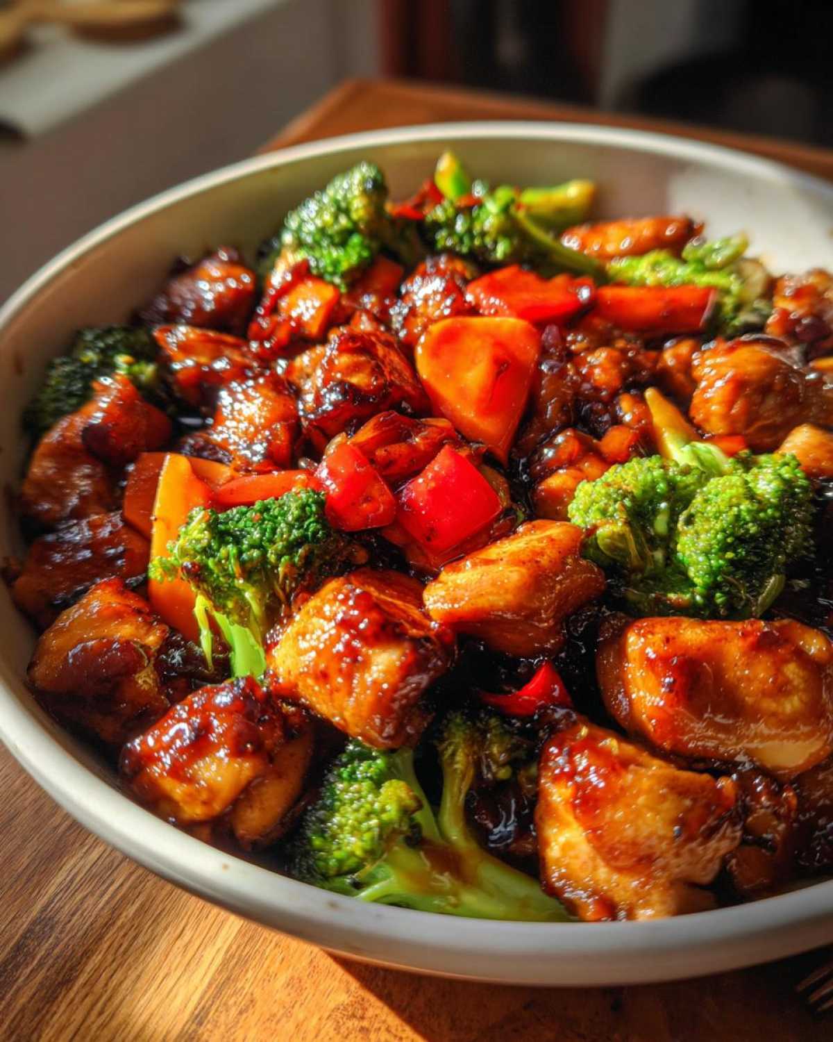 Close-up of glossy, glazed chicken pieces mixed with bright broccoli and red peppers in a bowl of Honey Soy Chicken Skillet with Veggies.
