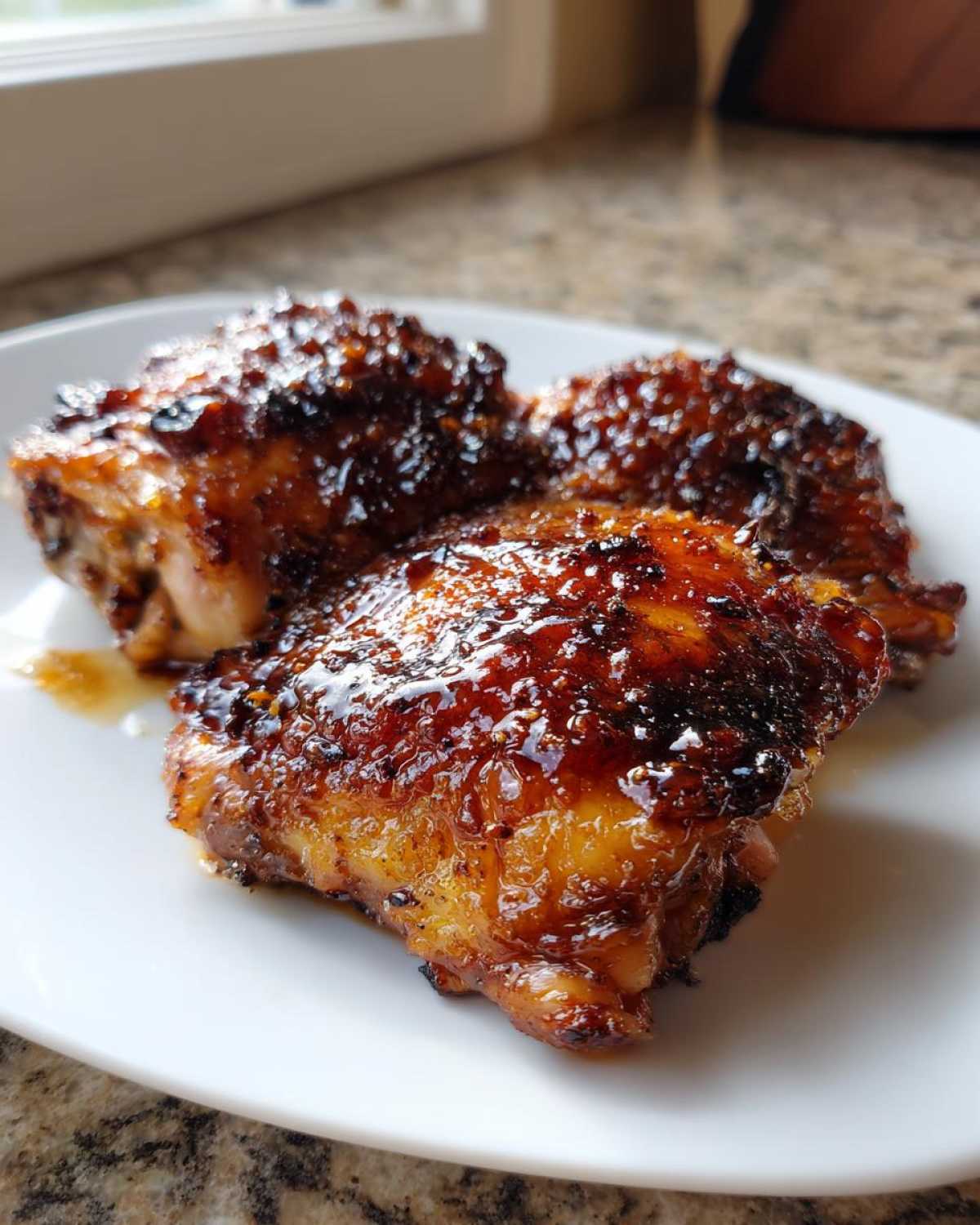 Three pieces of Honey Soy Chicken Thighs with Crispy Edges, glistening with a dark, caramelized glaze on a white plate.