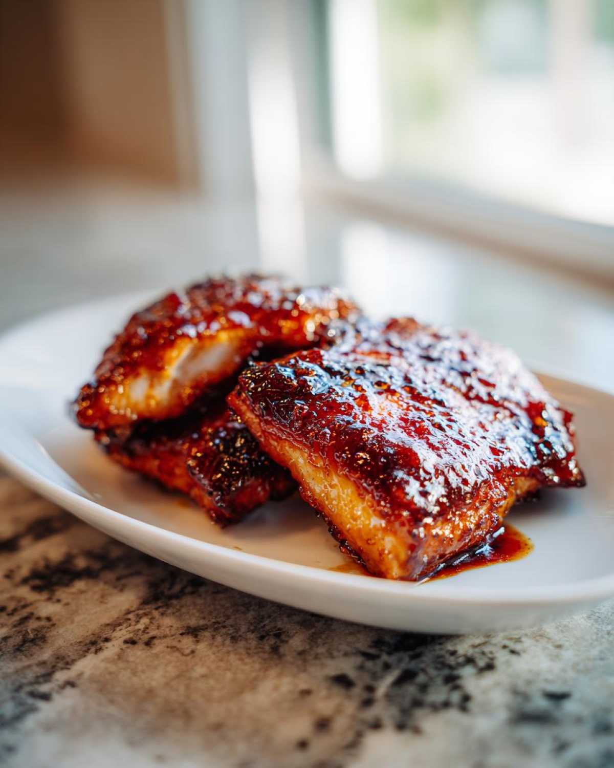 Close-up of glistening Honey Soy Chicken Thighs with Crispy Edges on a white plate.