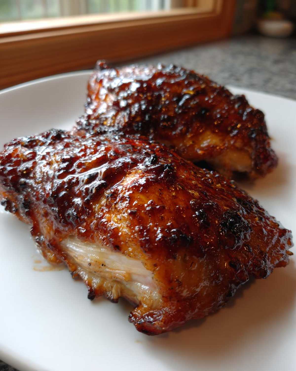 Two perfectly cooked Honey Soy Chicken Thighs with Crispy Edges, featuring a dark, glossy glaze on a white plate.
