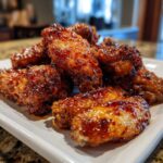 A close-up of crispy, glazed Honey Sriracha Chicken Wings piled high on a white rectangular plate.