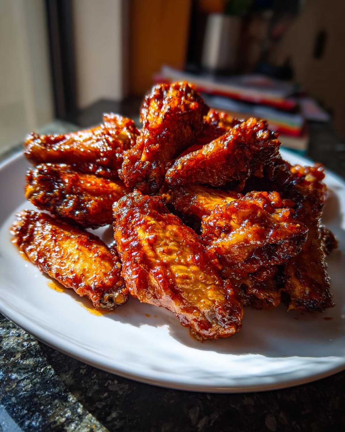 A close-up of a pile of sticky and crispy Honey Sriracha Chicken Wings glistening under bright light on a white plate.