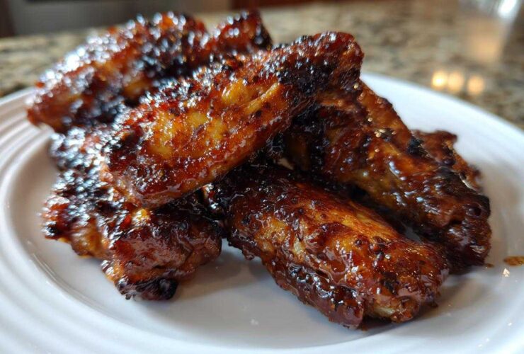 Close-up of several sticky and crispy Honey Sriracha Chicken Wings piled on a white plate.