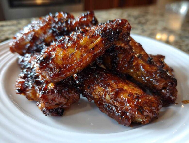 Close-up of several sticky and crispy Honey Sriracha Chicken Wings piled on a white plate.