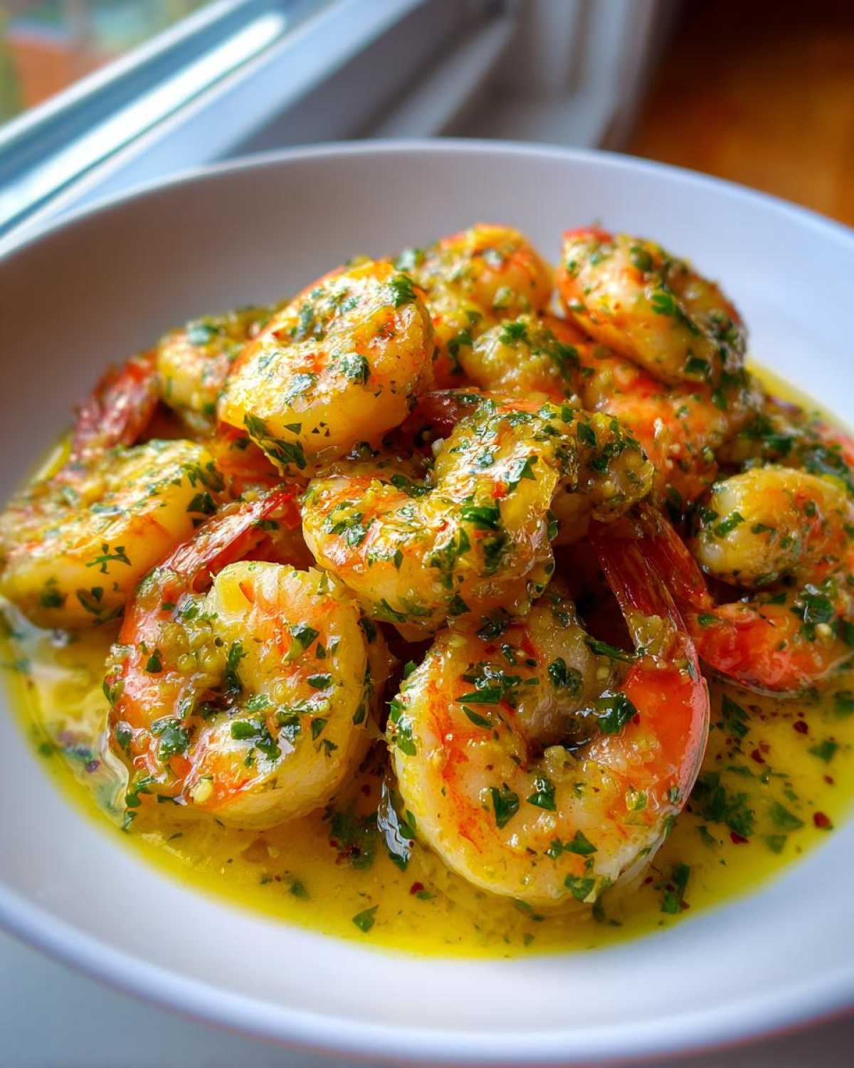Plump shrimp coated in a vibrant yellow lemon butter sauce with visible garlic and parsley, showcasing the Lemon Butter Shrimp with Garlic Flavor.