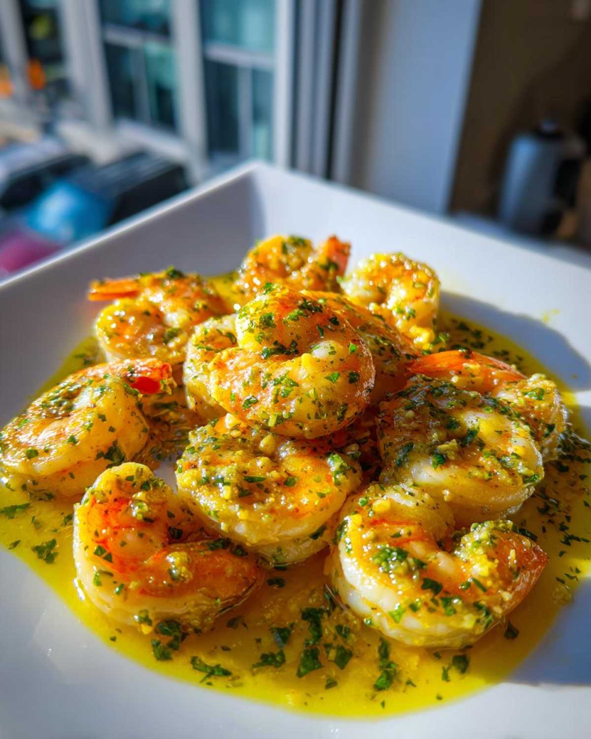 Close-up of succulent Lemon Butter Shrimp with Garlic Flavor coated in a rich, bright yellow sauce with chopped parsley.