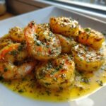 Plump shrimp coated in a rich, yellow lemon butter sauce with garlic and parsley, served on a white plate.