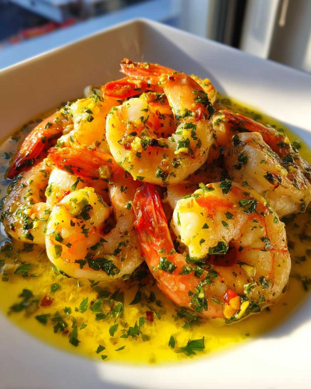 Plump shrimp coated in a rich, yellow lemon butter sauce with visible garlic and parsley, showcasing the Lemon Butter Shrimp with Garlic Flavor.