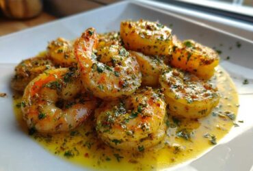 Plump shrimp coated in a rich, yellow lemon butter sauce with garlic and parsley, served on a white plate.