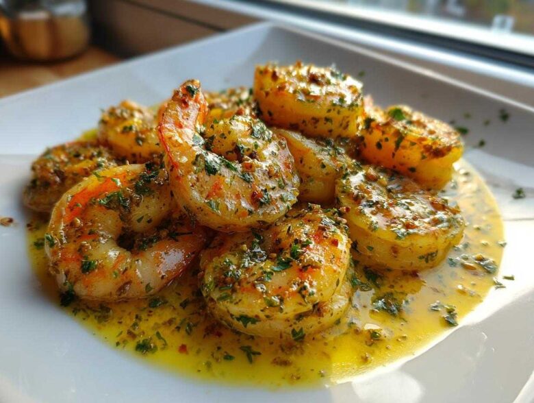 Plump shrimp coated in a rich, yellow lemon butter sauce with garlic and parsley, served on a white plate.