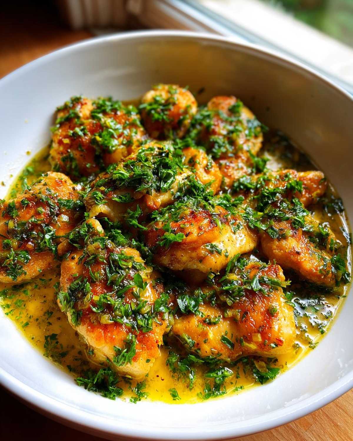 Golden brown pieces of Lemon Garlic Butter Chicken Easy Skillet generously topped with fresh chopped parsley and sitting in a rich butter sauce.