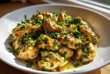 Close-up of golden Lemon Garlic Butter Chicken Easy Skillet pieces smothered in sauce and fresh parsley.