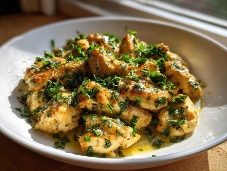 Close-up of golden Lemon Garlic Butter Chicken Easy Skillet pieces smothered in sauce and fresh parsley.