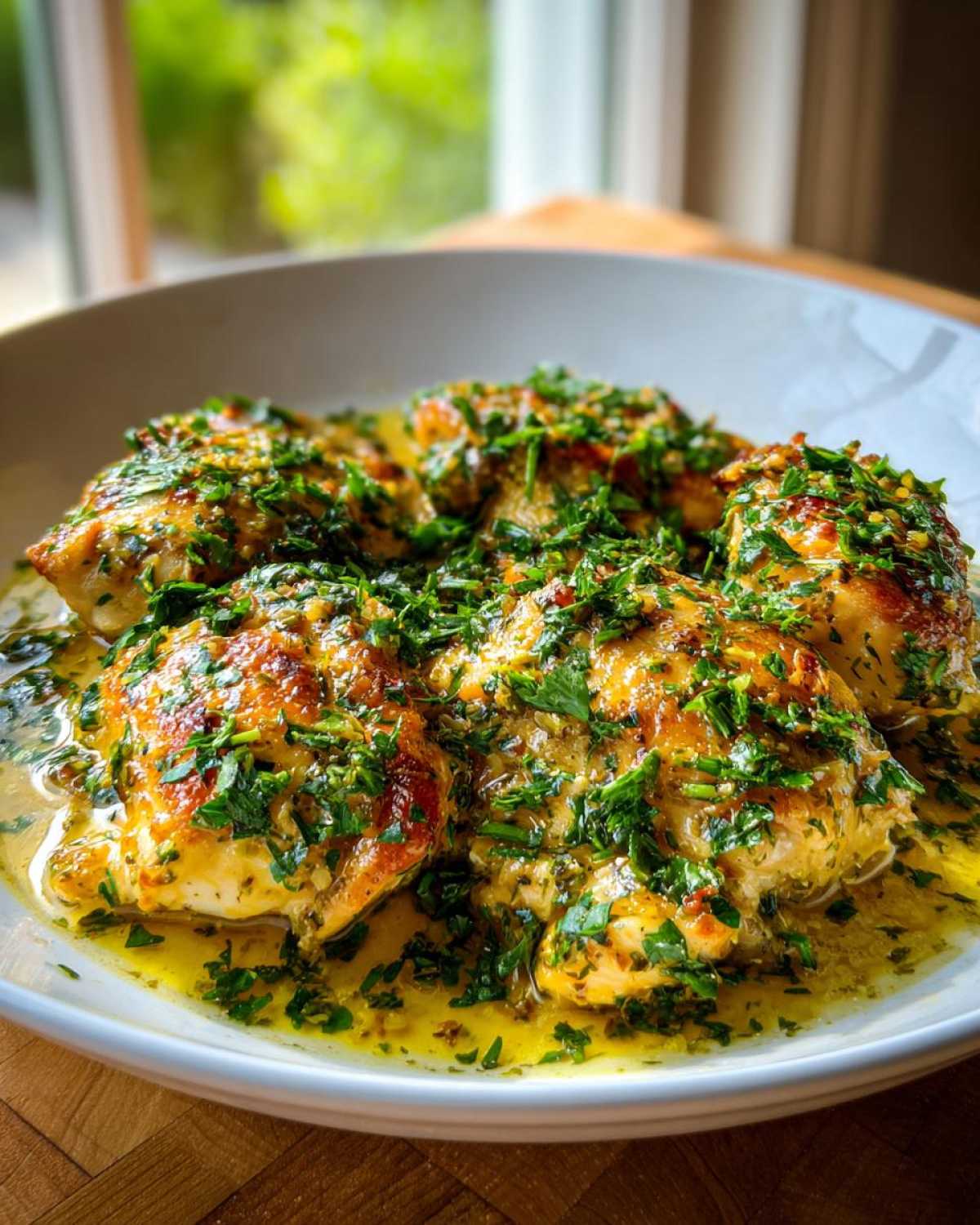 Four pieces of golden-brown Lemon Garlic Butter Chicken Easy Skillet smothered in butter sauce and fresh parsley.