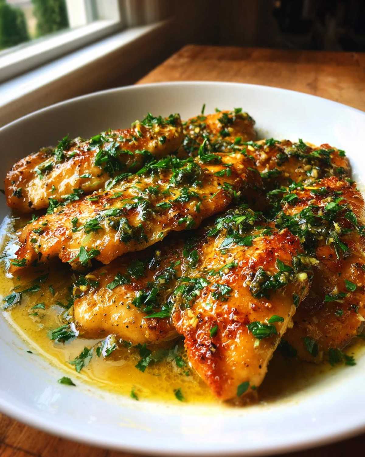Close-up of golden brown Lemon Garlic Butter Chicken Easy Skillet pieces generously topped with fresh parsley and garlic sauce.