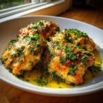 Three pieces of golden-brown Lemon Garlic Butter Chicken Easy Skillet swimming in sauce and topped with fresh parsley.