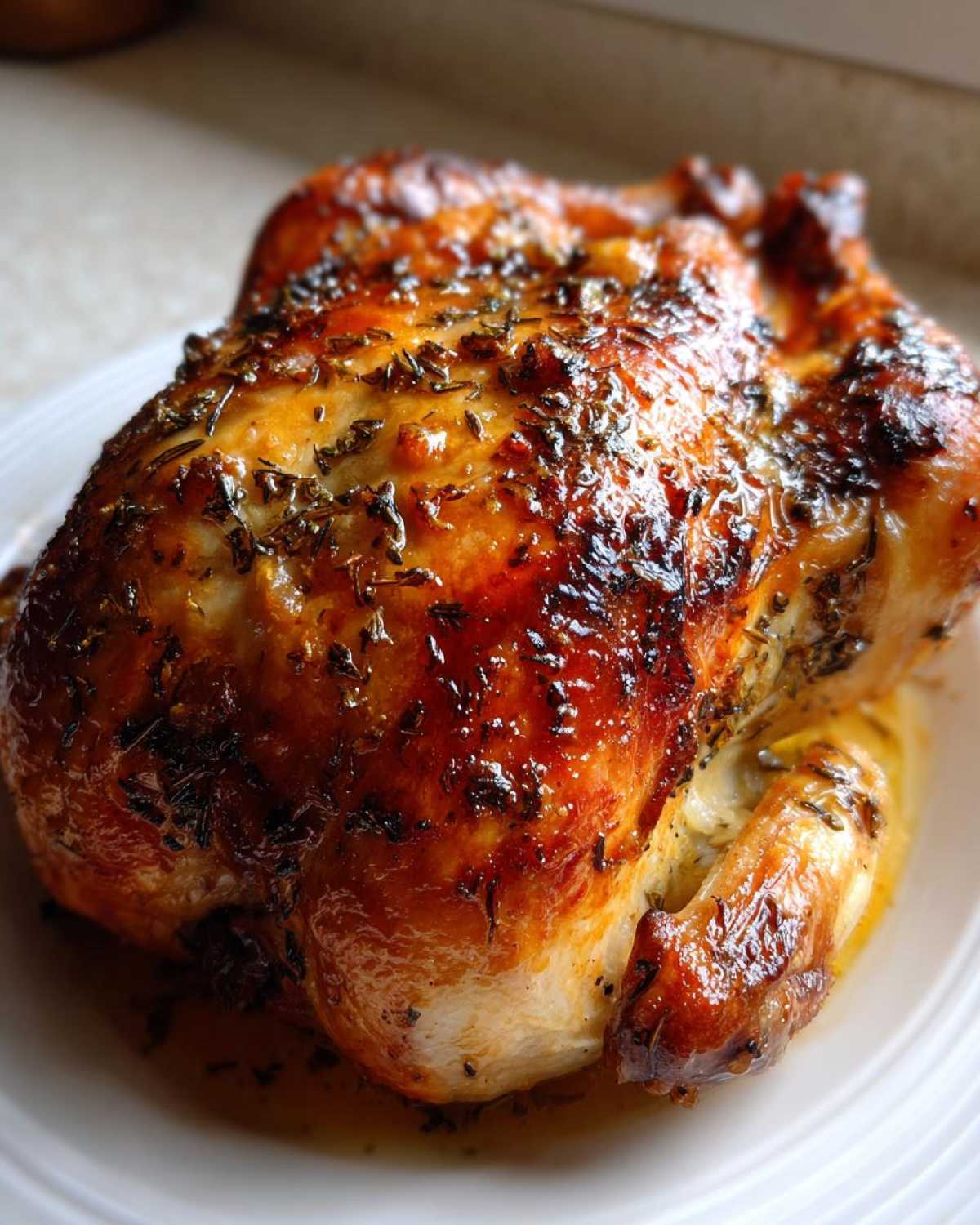 A whole, freshly baked Lemon Herb Roasted Chicken with incredibly crispy, golden-brown skin covered in herbs.