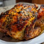 A whole, perfectly cooked Lemon Herb Roasted Chicken with deeply browned, crispy skin resting on a white platter.