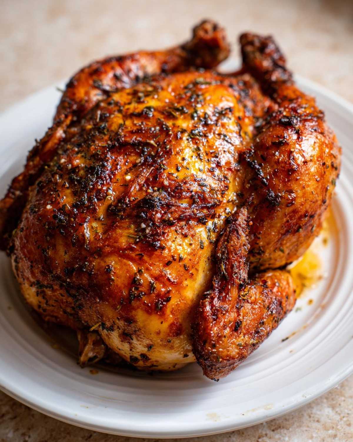 A whole Lemon Herb Roasted Chicken with incredibly crispy, golden-brown skin, seasoned with herbs, resting on a white plate.