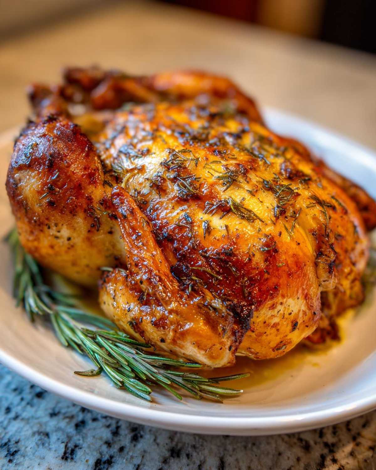 A whole, perfectly roasted chicken with golden, crispy skin seasoned with herbs, presented on a white platter.
