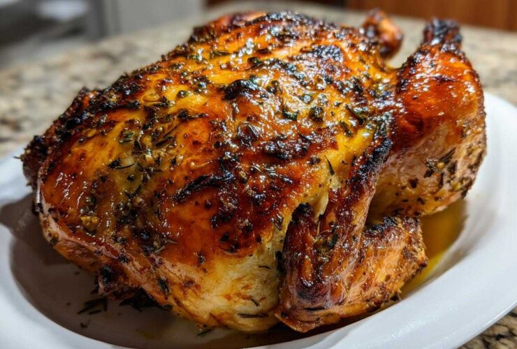 A whole, perfectly cooked Lemon Herb Roasted Chicken with deeply browned, crispy skin resting on a white platter.