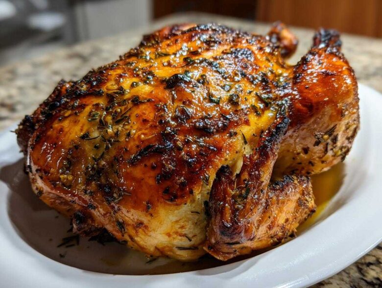 A whole, perfectly cooked Lemon Herb Roasted Chicken with deeply browned, crispy skin resting on a white platter.