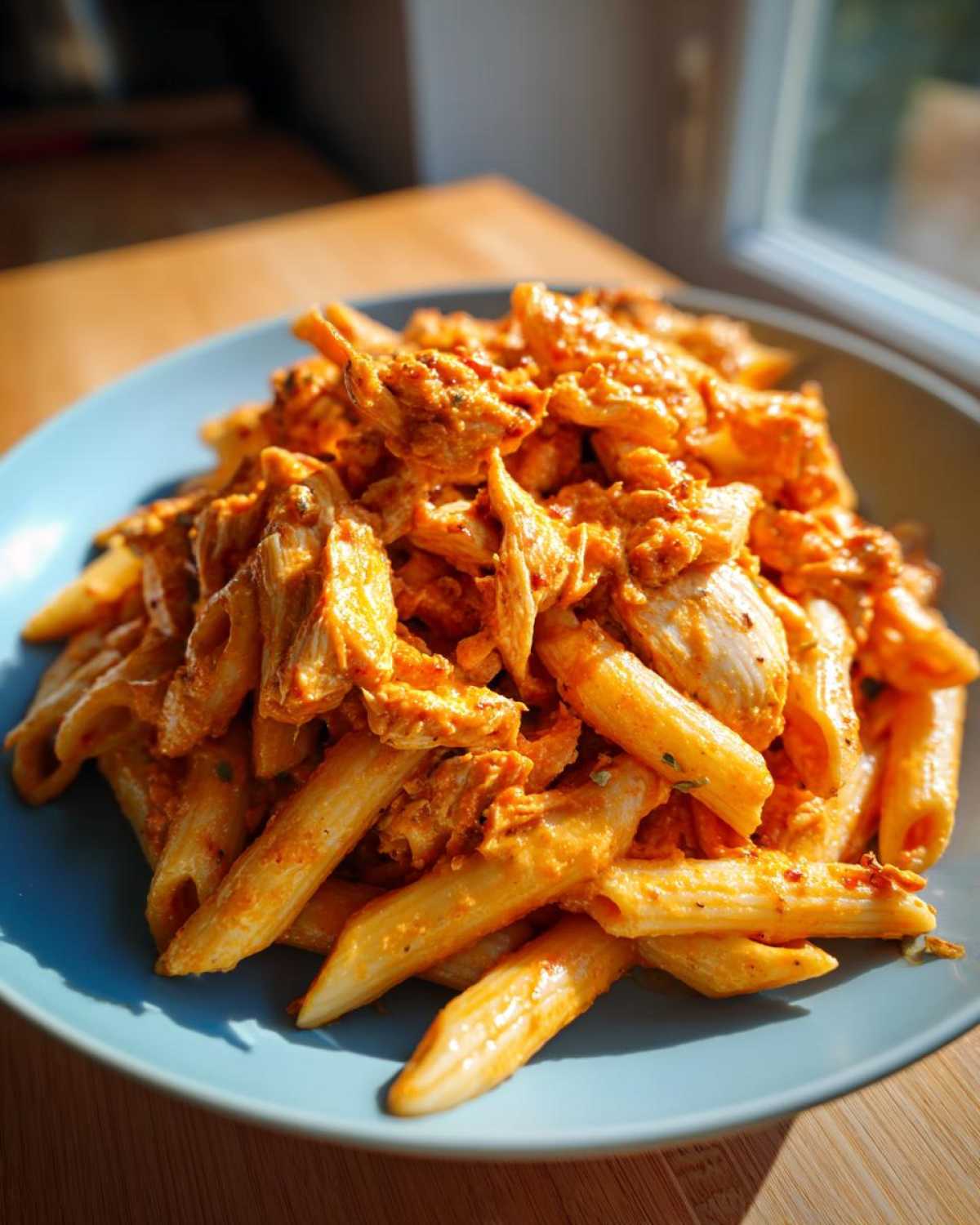 A close-up of a serving of One Pot Creamy Tomato Pasta with Chicken featuring penne pasta coated in a rich orange sauce.