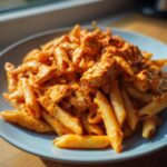 A close-up view of penne pasta coated in a rich, creamy tomato sauce with chunks of chicken, served on a light blue plate.