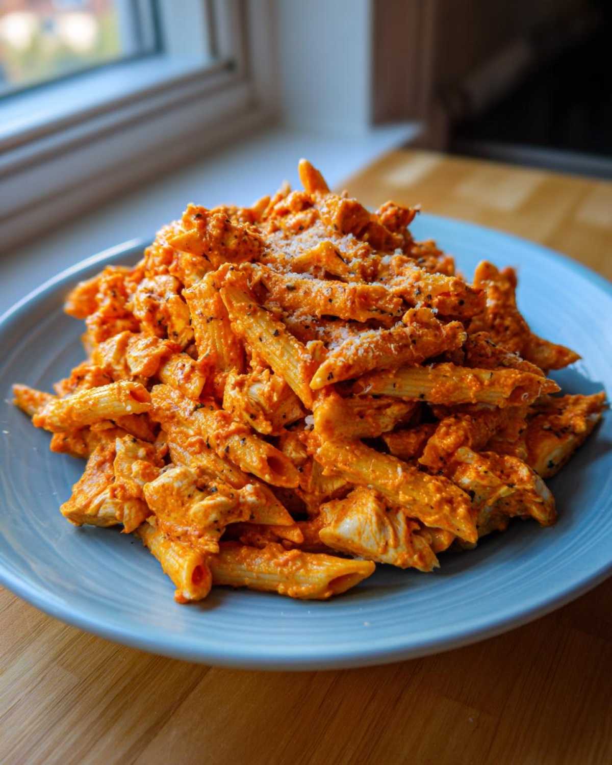 A generous serving of One Pot Creamy Tomato Pasta with Chicken, featuring penne pasta coated in a rich orange sauce, topped with Parmesan.