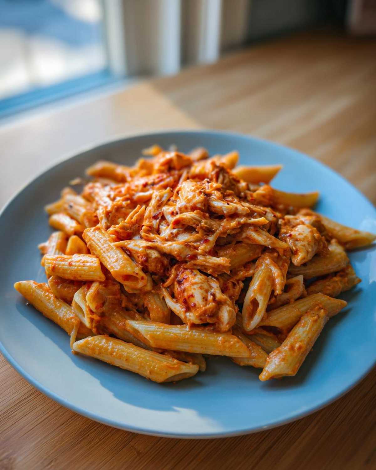 A close-up of penne pasta coated in a creamy tomato sauce with shredded chicken, served on a blue plate.
