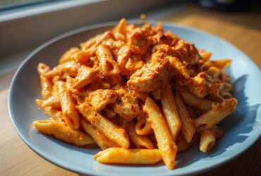 A close-up view of penne pasta coated in a rich, creamy tomato sauce with chunks of chicken, served on a light blue plate.