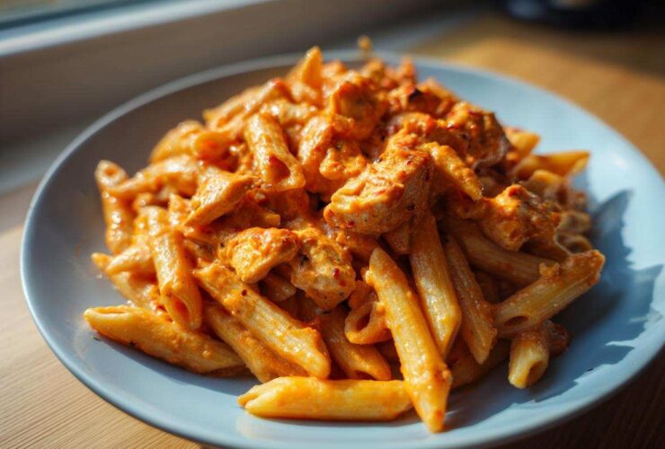 A close-up view of penne pasta coated in a rich, creamy tomato sauce with chunks of chicken, served on a light blue plate.