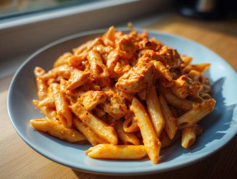 A close-up view of penne pasta coated in a rich, creamy tomato sauce with chunks of chicken, served on a light blue plate.
