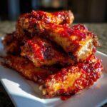 A pile of oven baked Sticky Sweet Chili Chicken Wings glistening with a thick, red glaze on a white plate.