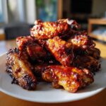 A pile of glistening, crispy oven Sticky BBQ Chicken Wings coated in a dark, rich sauce, served on a white plate.