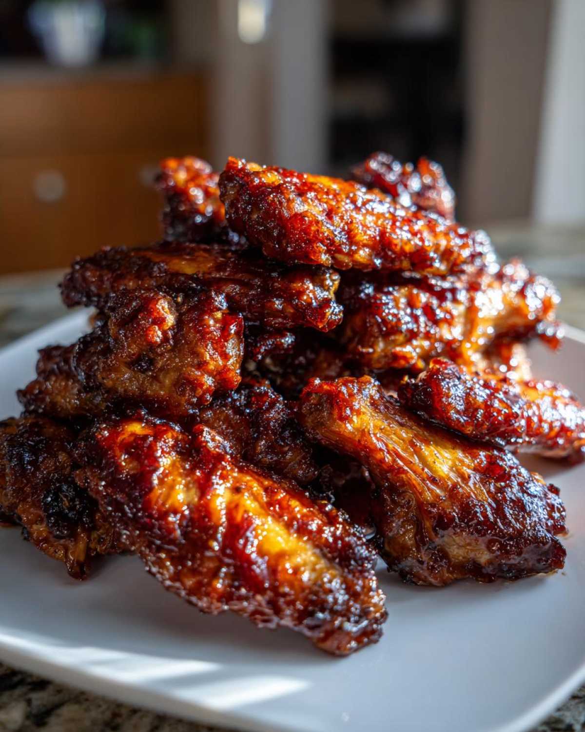 A high stack of incredibly glossy Sticky BBQ Chicken Wings Crispy Oven Style piled high on a white plate.