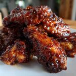 A mound of crispy Sticky BBQ Chicken Wings Crispy Oven Style, coated in a thick, glossy, dark red sauce with visible chili flakes.