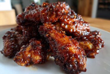 A mound of crispy Sticky BBQ Chicken Wings Crispy Oven Style, coated in a thick, glossy, dark red sauce with visible chili flakes.