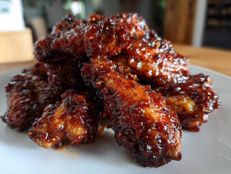 A mound of crispy Sticky BBQ Chicken Wings Crispy Oven Style, coated in a thick, glossy, dark red sauce with visible chili flakes.