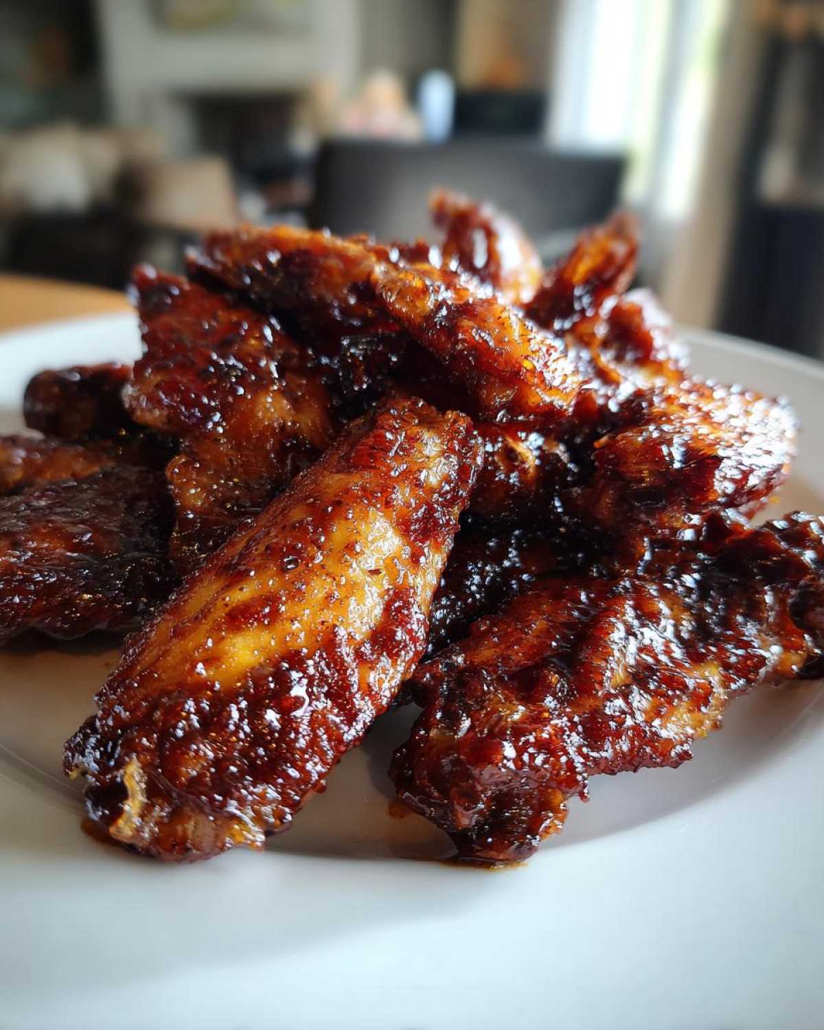 Close-up of a pile of glistening, dark brown Sticky BBQ Chicken Wings Crispy Oven Style on a white plate.