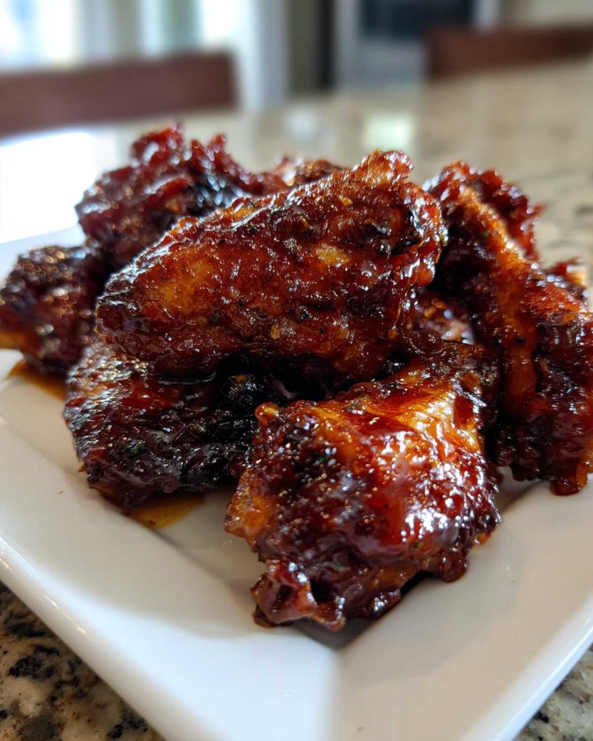 A close-up shot of several Sticky BBQ Chicken Wings coated in a thick, dark honey glaze, served on a white plate.
