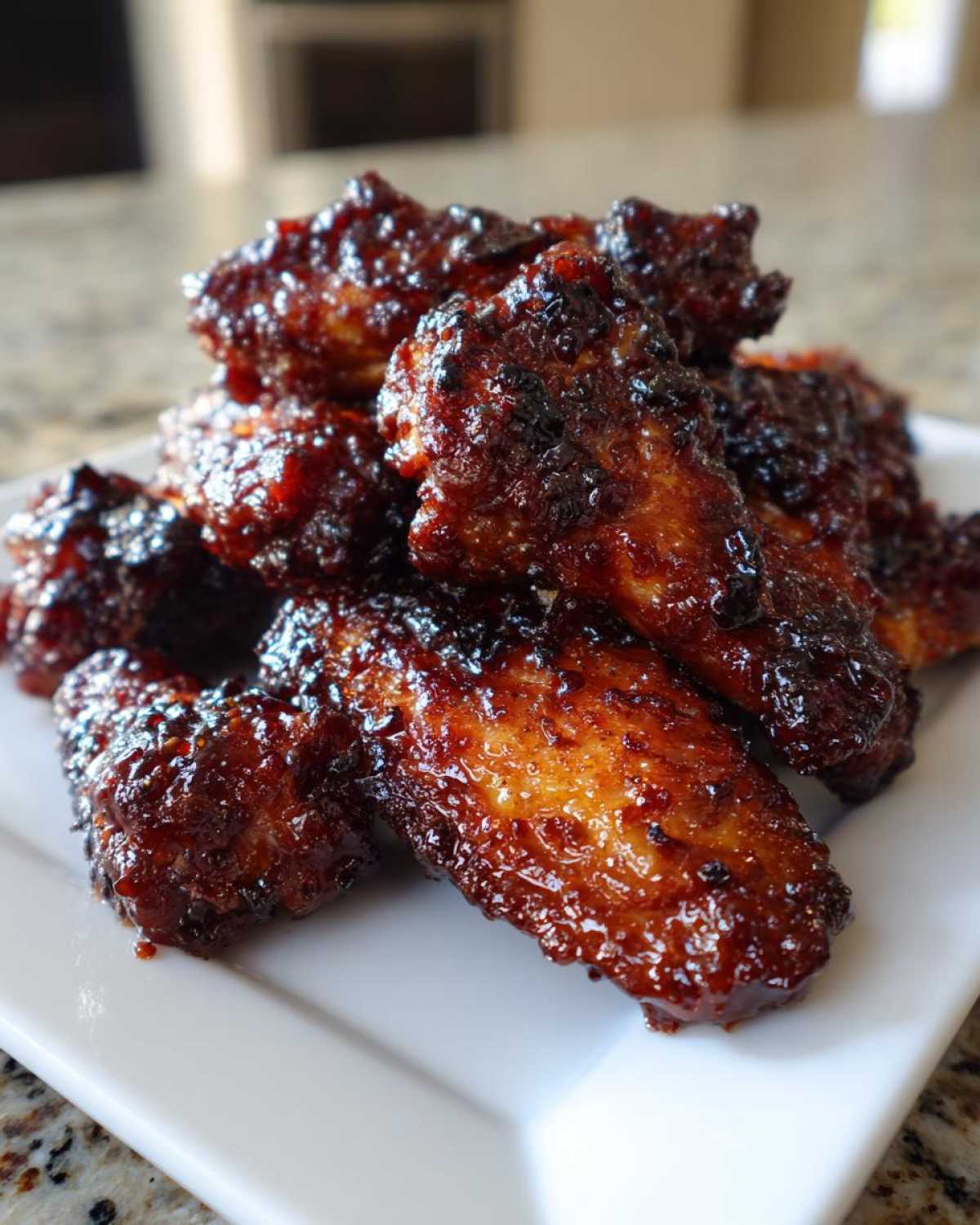 A pile of glistening Sticky BBQ Chicken Wings with Honey Glaze on a white rectangular plate.