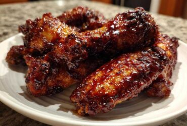 A plate piled high with glossy, dark brown Sticky BBQ Chicken Wings coated in a thick honey glaze.