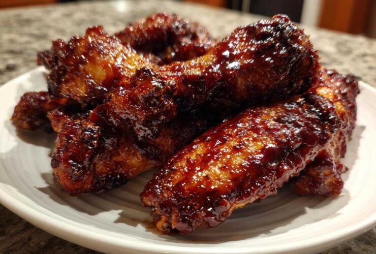A plate piled high with glossy, dark brown Sticky BBQ Chicken Wings coated in a thick honey glaze.
