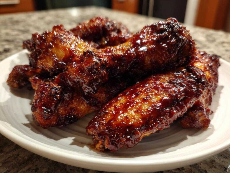 A plate piled high with glossy, dark brown Sticky BBQ Chicken Wings coated in a thick honey glaze.